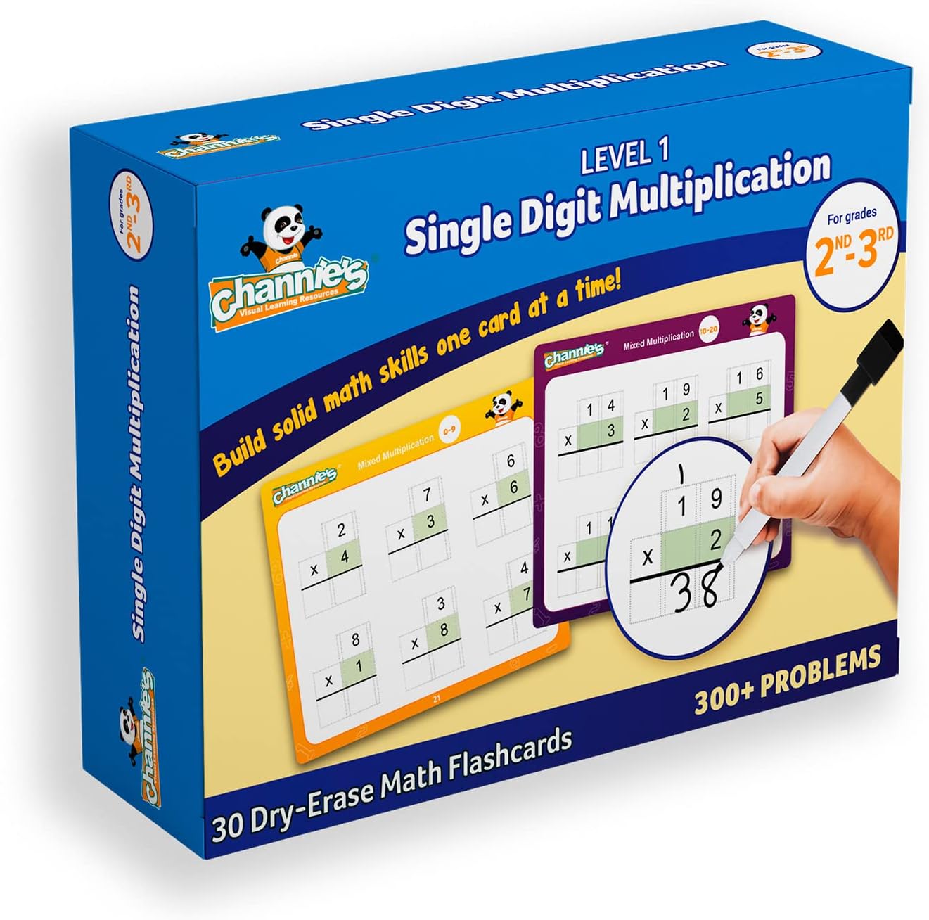 Channie’s Single Digit Multiplication Flashcards, 30 Double-Sided Dry Erase 2nd - 3rd Grade Multiplication Flash Cards, Easy-to-Use Level 1 Multiplication Practice, 300+ Problems