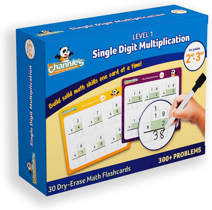 Channie’s Single Digit Multiplication Flashcards, 30 Double-Sided Dry Erase 2nd - 3rd Grade Multiplication Flash Cards, Easy-to-Use Level 1 Multiplication Practice, 300+ Problems