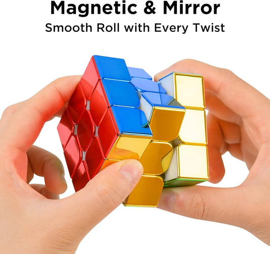 D-FantiX Magnetic Mirror Reflective Speed Cube 3x3x3 with Display Stand, Adult Fidget Toys, Car Road Trip Activity Toy for Teens Boys Girls, Stickerless Shiny Magic Cube, Birthday Gifts for Kids 8-12