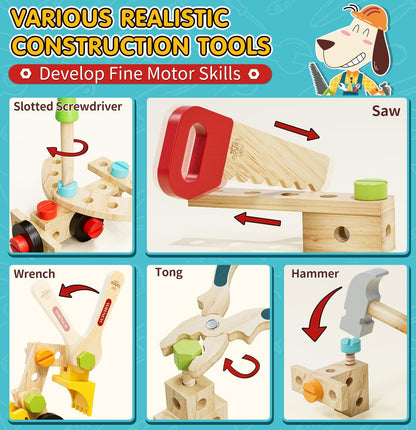Lehoo Castle Kids Tool Set with Toolbox, Wooden Toys for 3 4 5 Years Old Boy Birthday Gift, Construction Play Tools, STEM Learning Toys for Preschooler, Pretend Play Gifts for Christmas