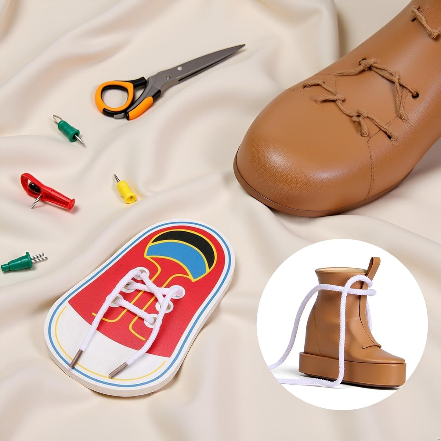 BWESOO Red Wooden Learn to Tie Your Own Shoes Threading Lacing Shoes Training Learning Kits Threading Lacing Training Board Learn To Tie Shoelaces