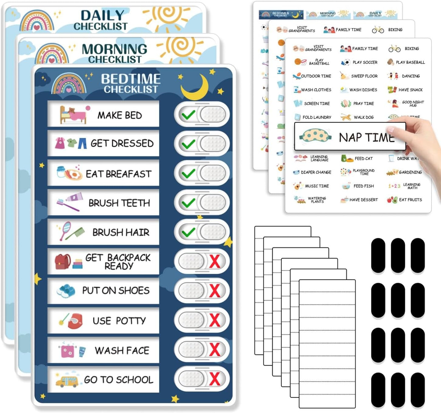 Upgraded Slider 3 in 1 Bedtime/Morning/Daily Routine Chart for Kids, Magnetic Chore Chart for Kids, Visual Schedule for Kids Toddlers Schedule Board for Home