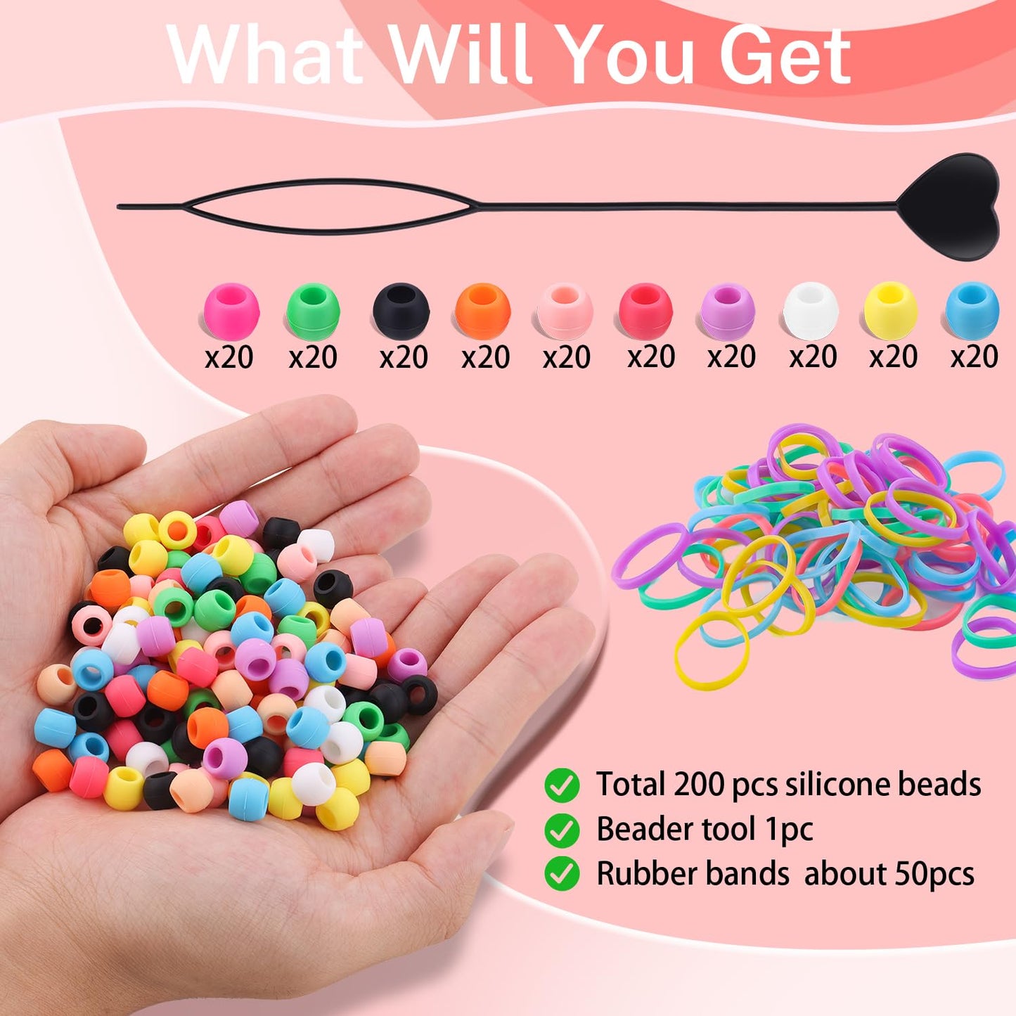 150Pcs 10mm Small Silicone Beads for Hair Braids, Soft Jellyish Pony Hair Beads with 5mm Hole + 50 Rubber Bands and 1 Beader for Braiding, DIY Bracelets Necklaces Crafts (Pink)