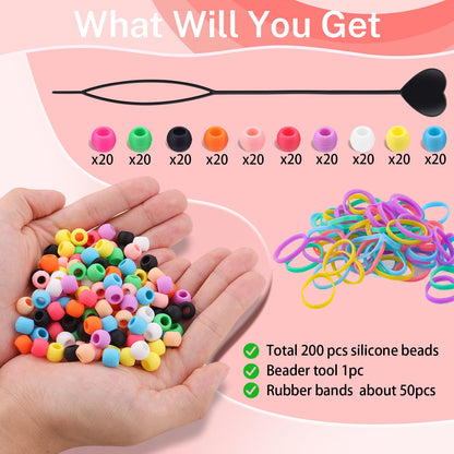 150Pcs 10mm Small Silicone Beads for Hair Braids, Soft Jellyish Pony Hair Beads with 5mm Hole + 50 Rubber Bands and 1 Beader for Braiding, DIY Bracelets Necklaces Crafts (Pink)
