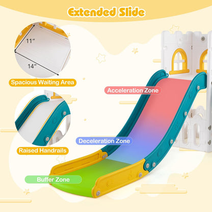 BABY JOY Toddler Slide, 6-in-1 Indoor Kids Slide Playset with Basketball Hoop, Telescope, Climbing Ladder & Storage Space, Freestanding Playhouse & Climber for Kids Aged 1-3 (Pink)