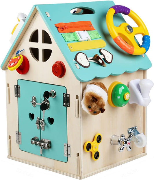 Montessori Wooden Busy House, Life Skills Activity Cube, Toddler Fine Motor Skills & Sensory Toy,Blue
