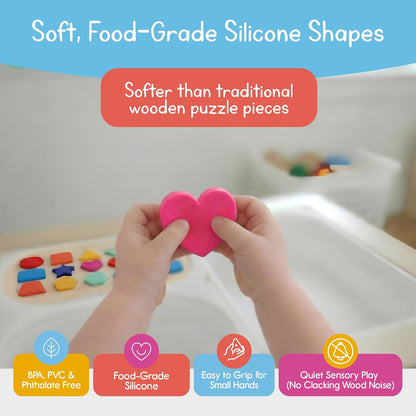 Shape Puzzle for Kids, Sensory Bin Insert for Sensory Tables, Silicone Geometric Shapes, Wooden Fine Motor Learning Toy by 7 Days of Play