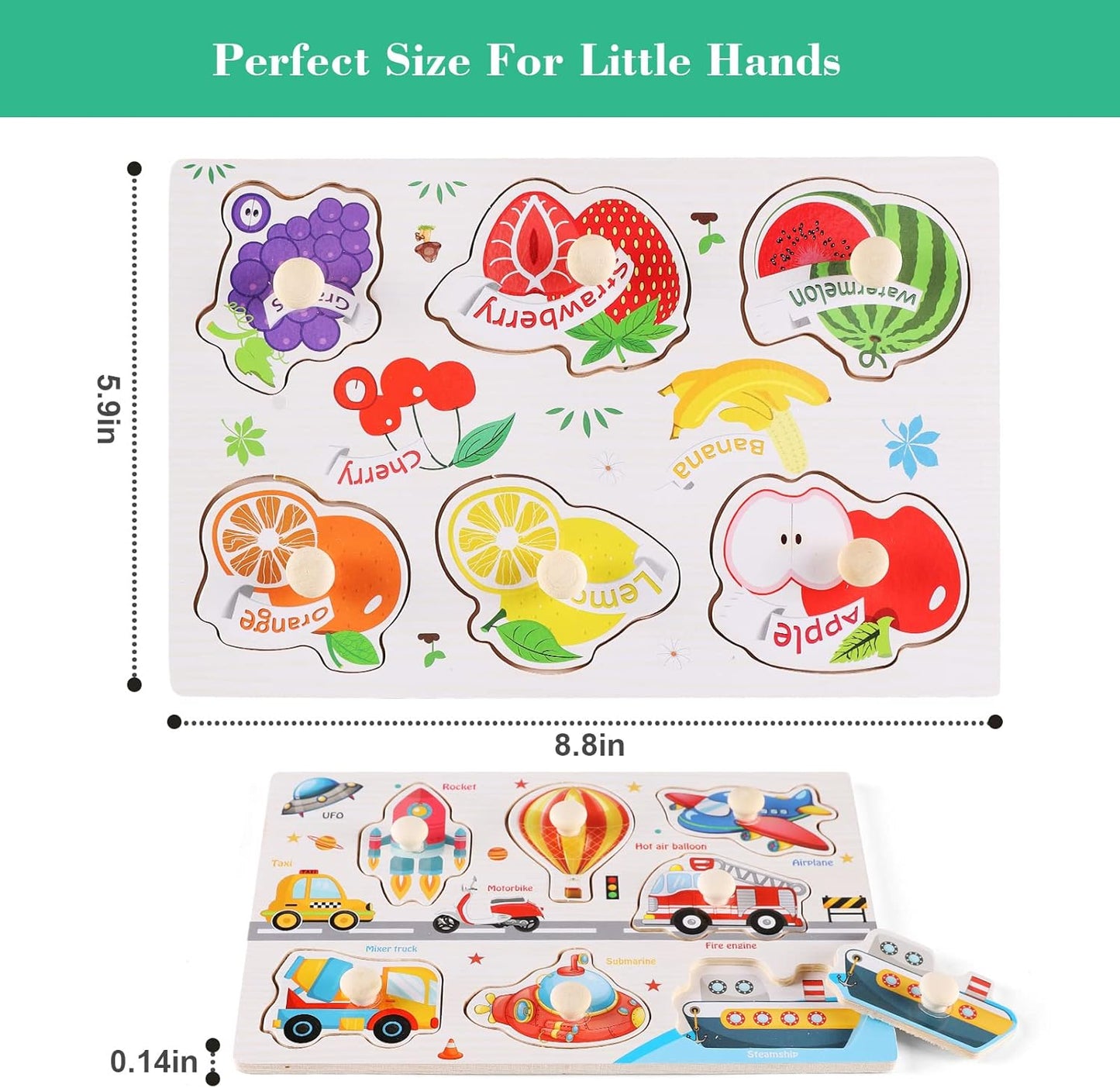 Wooden Peg Puzzles for Toddlers 1-3, Kids' Educational Preschool Peg Puzzle Toy, Set of 3 Toddler Puzzles - Traffic, Dinosaur, and Fruit, Ideal Gift for Ages 1 2 3 Boys and Girls