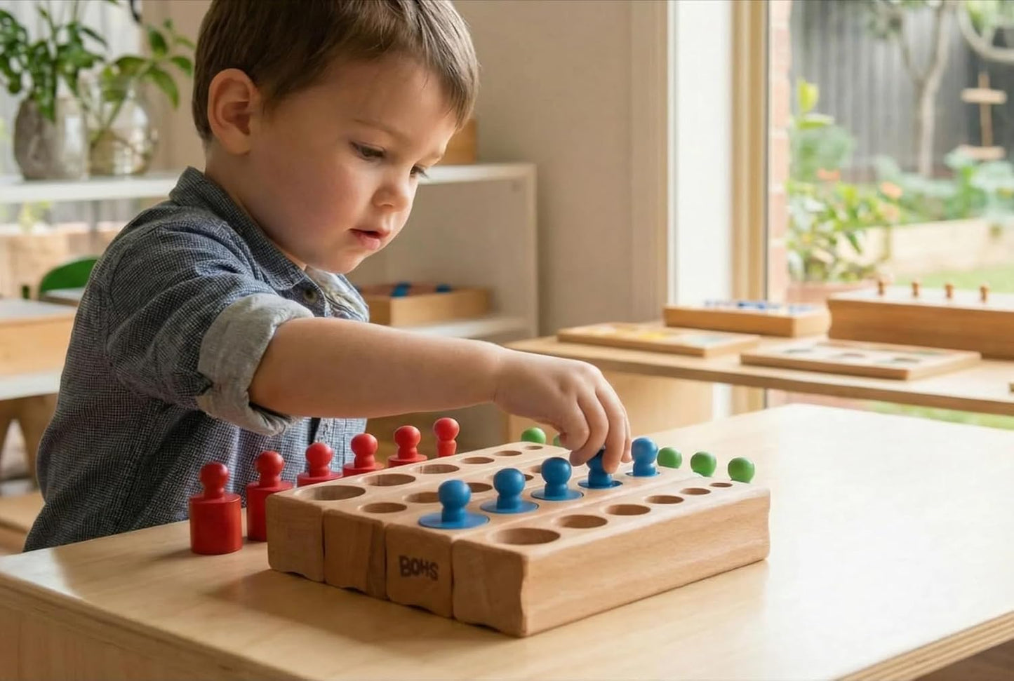 BOHS Montessori Knobbed Cylinders Blocks - 6 Pegs / 6.7 Inches - Colorful Wooden Early Home School Toys - 4pcs Set