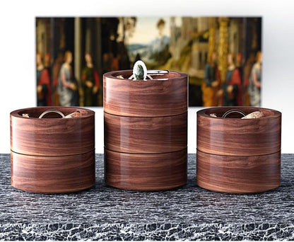 grwanpen®2 Pack Round Walnut Hardwood Ring Tray & Holder - Stackable Compact Jewelry Organizer, Non-Slip Small Dish for Rings, Earrings - Gift Ready Packaging