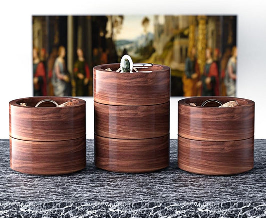grwanpen®2 Pack Round Walnut Hardwood Ring Tray & Holder - Stackable Compact Jewelry Organizer, Non-Slip Small Dish for Rings, Earrings - Gift Ready Packaging