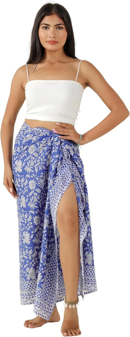100% Cotton Sarong Cover Up for Women Indian Block Print Beach Wrap Skirt Long Boho Swimsuit Bikini Pareo (73” x 43”)