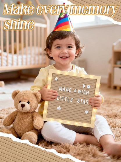 Changeable Felt Letter Board with LED Lights - 10×10" Message Custom Signs & Wood Stand & 450 Letters, Poster Board for Baby/Pregnancy Announcement/Classroom Wall Graduation Decor Gifts, Camel