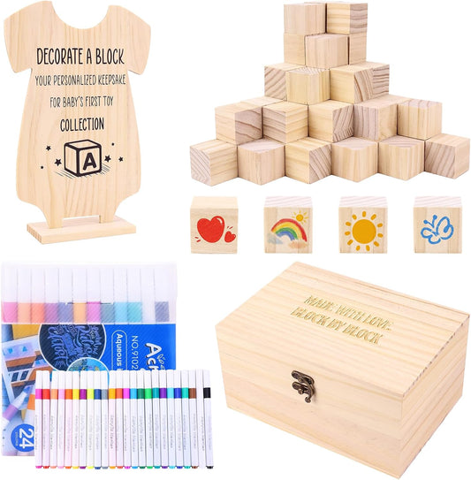 79 PCS Baby Shower Game Kit, Fun Baby Shower Blocks Decorating Game Includes 52 Wooden Blocks, 24 Markers, 1 Game Sign, 1 Storage Box and 1 Pattern Guide, Suitable for Boys and Girls, Natural Wood
