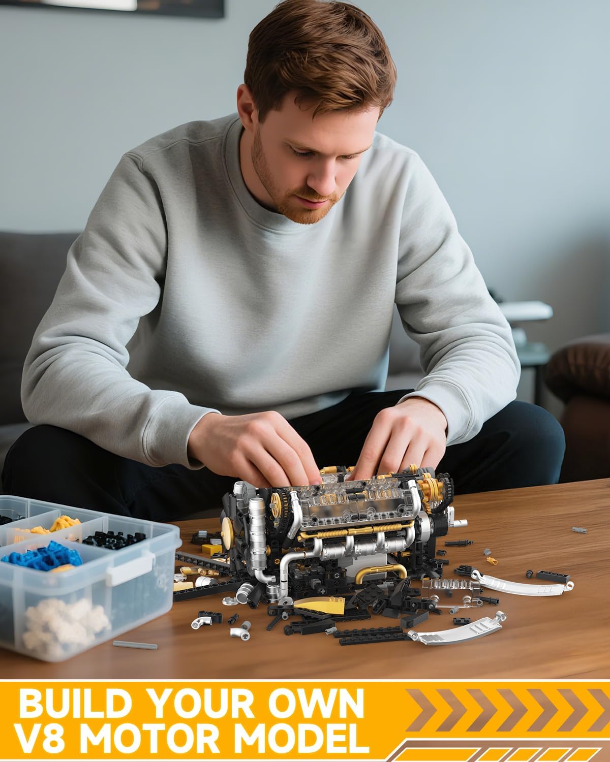 Karei V8 Engine Building Set, V8 Engine Model Kit That Run with Manual & Electric Dual Working Modes, V8 Building Motor Kit Runs 2 Directions and 2 Speeds, STEM Toys Gifts for 14+ and Adult (1065 PCS)