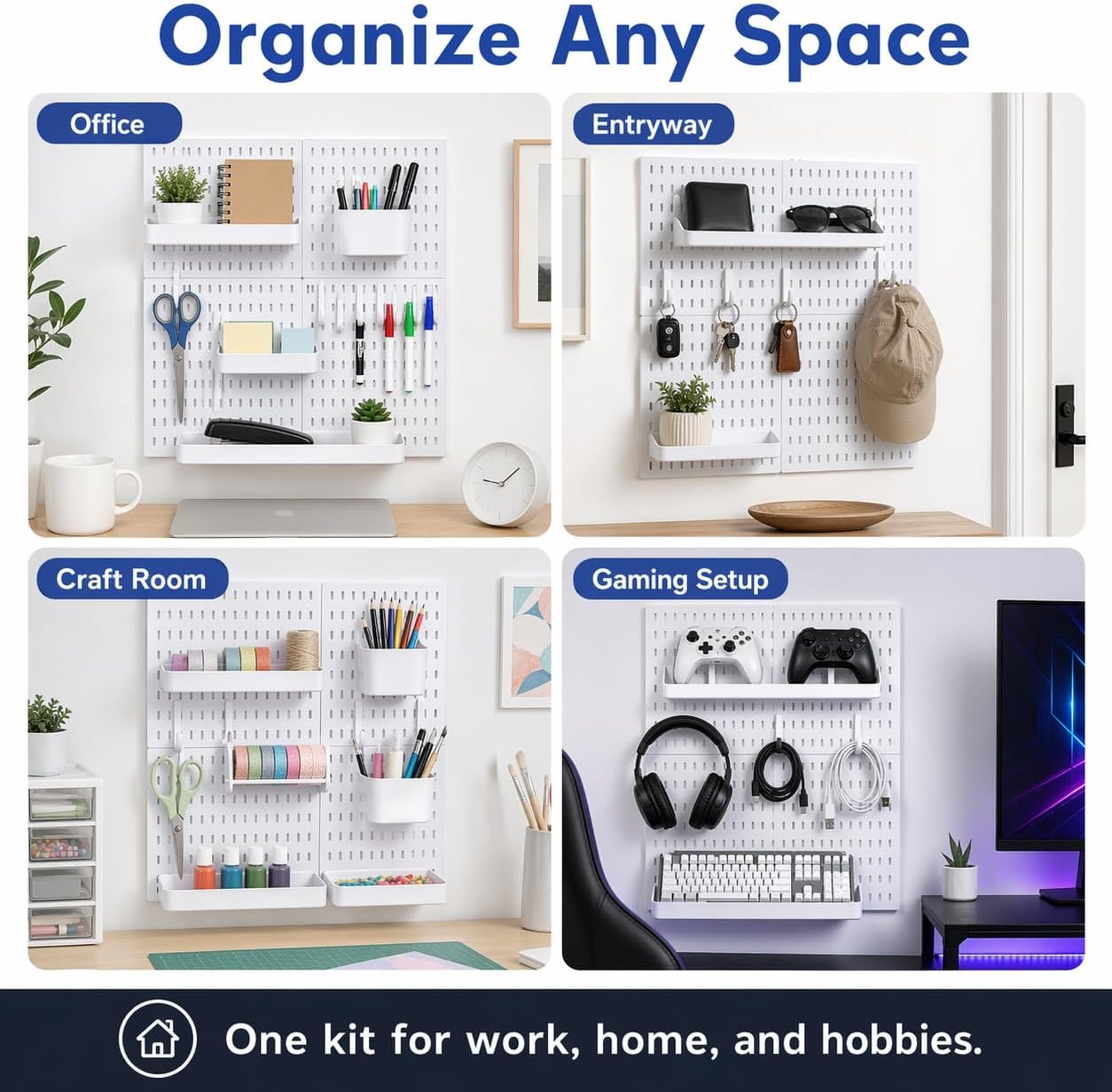 Pegboard Wall Organizer Kit – Heavy Duty 20lbs Load Bearing, Easy Installation, 4 Peg Board Panels 14 Accessories – Multi-Surface Use For Garage, Office, Kitchen & Crafts (White Pegboard,24″×24″)