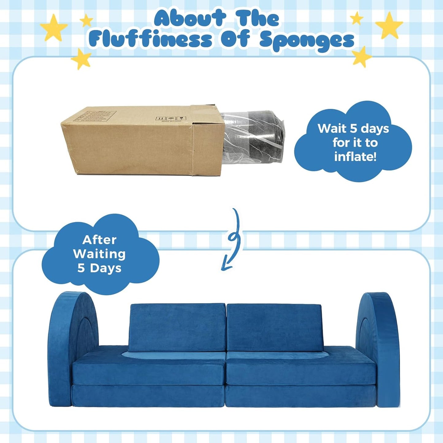 Tangram Puzzles modular kids play couch building fort, Children explorer sofa with Ball Pit, Kids playroom convertible furniture for Inspiring Child Creativity, Made entirely of sponge (Blue Series)