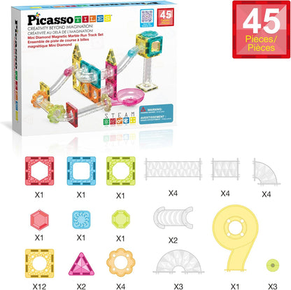PicassoTiles Marble Run 60 Piece Race Track Magnetic Tiles Magnet Building Block Educational Construction Toy Set Playset STEM Learning Kit Child Brain Development HandEye Coordination Training PTG60