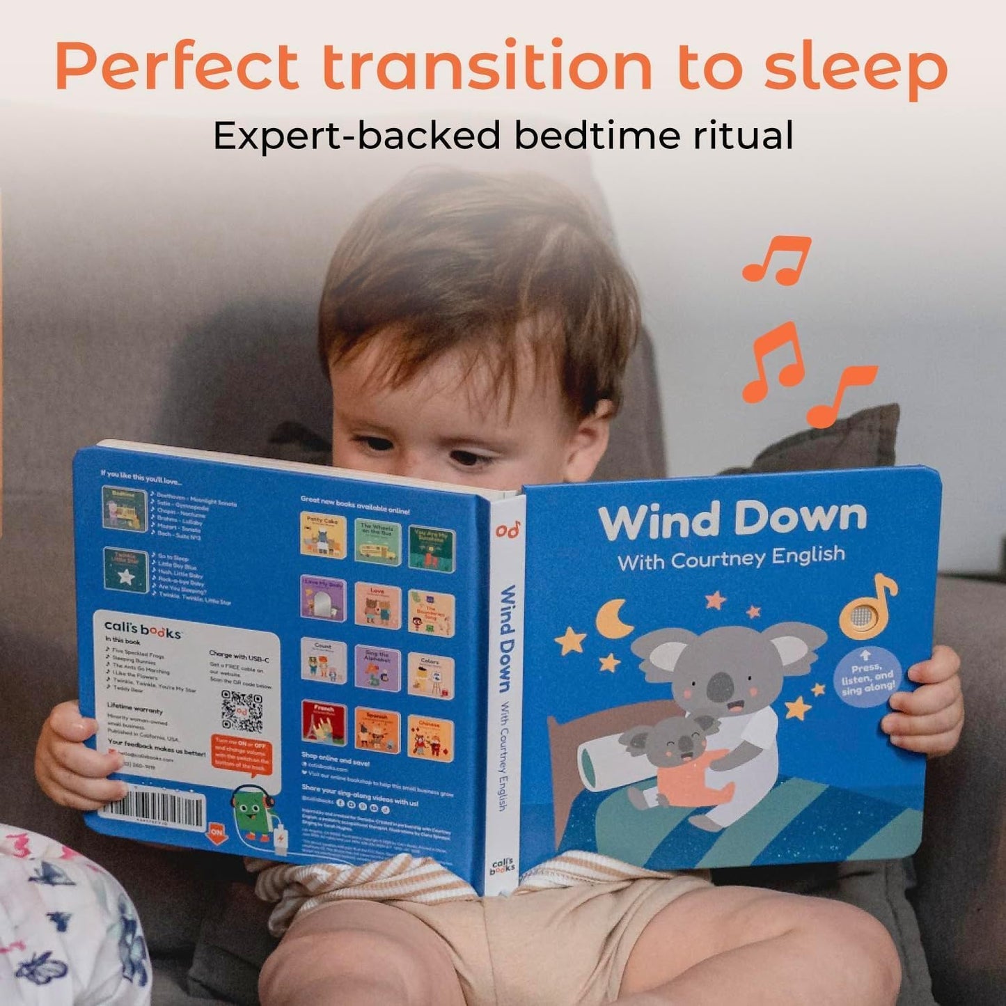 Cali’s Books Wind Down – USB-C Rechargeable Baby Book for Toddlers 1-3, Headphone Jack, Expert-Designed Bedtime Musical Book with Gentle Activities and Affirmations for a Calming Nightly Routine