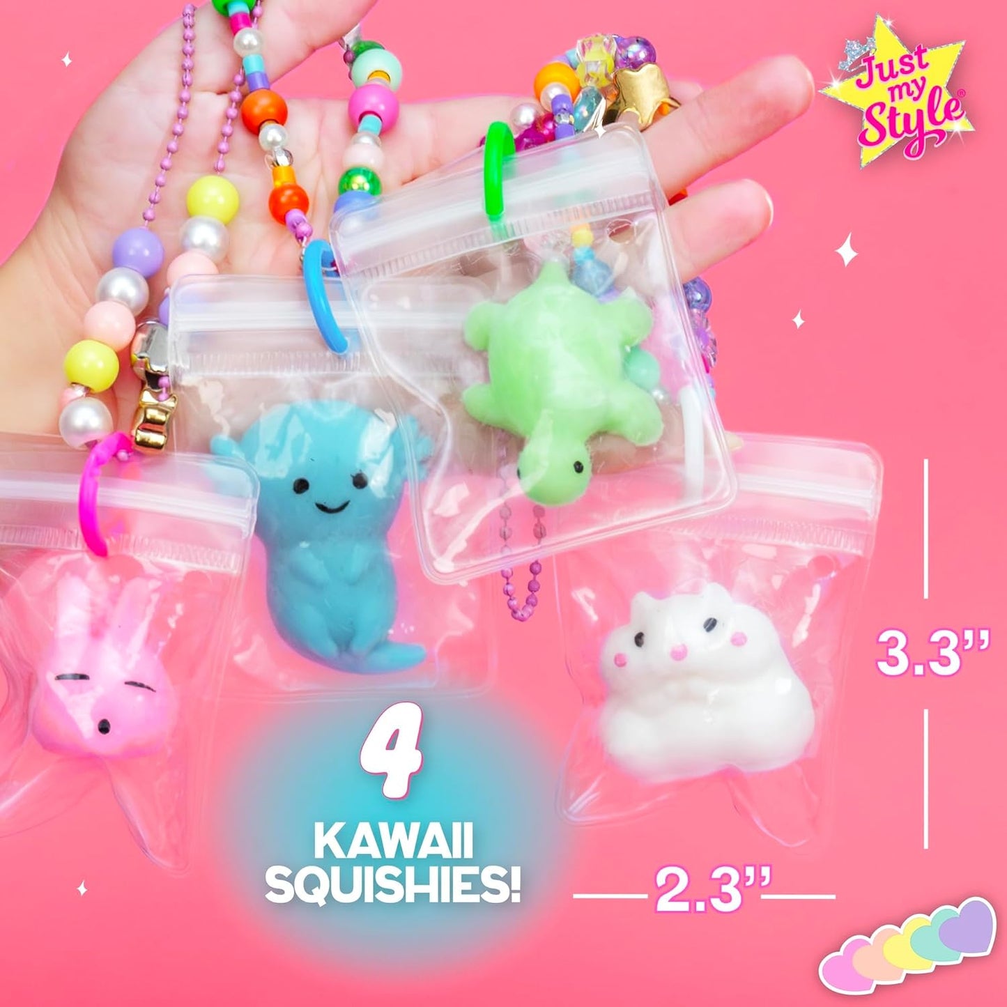 Just My Style Squishy Charms, Create 5 Squishy Bag Charms, Necklaces, Friendship Bracelets with Kawaii TPR Squishies in Pouches & Beads for Jewelry Making, Unique Jewelry Making Kit, Gifts for Girls