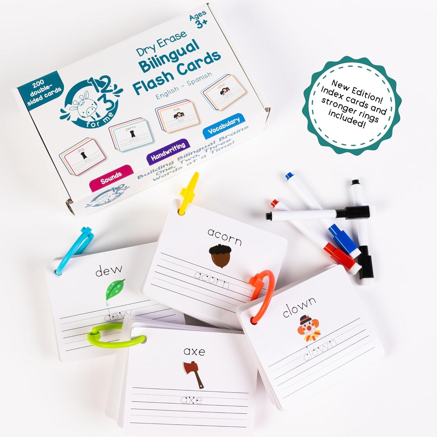 Dry Erase Spanish Flash Cards for Kids | English - Spanish Alphabet Flash Cards for Beginners - Set of 200 ESL Teaching and Learning Bilingual Flashcards for Writing and Reading Games.