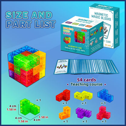 Magnetic Building Blocks, STEM Magic Magnetic 3D Puzzle Cubes, 7 Pcs Preschool Multi Shapes Magnetic Toys with 54 Cards, Montessori Sensory Autism Building Toys for Kids