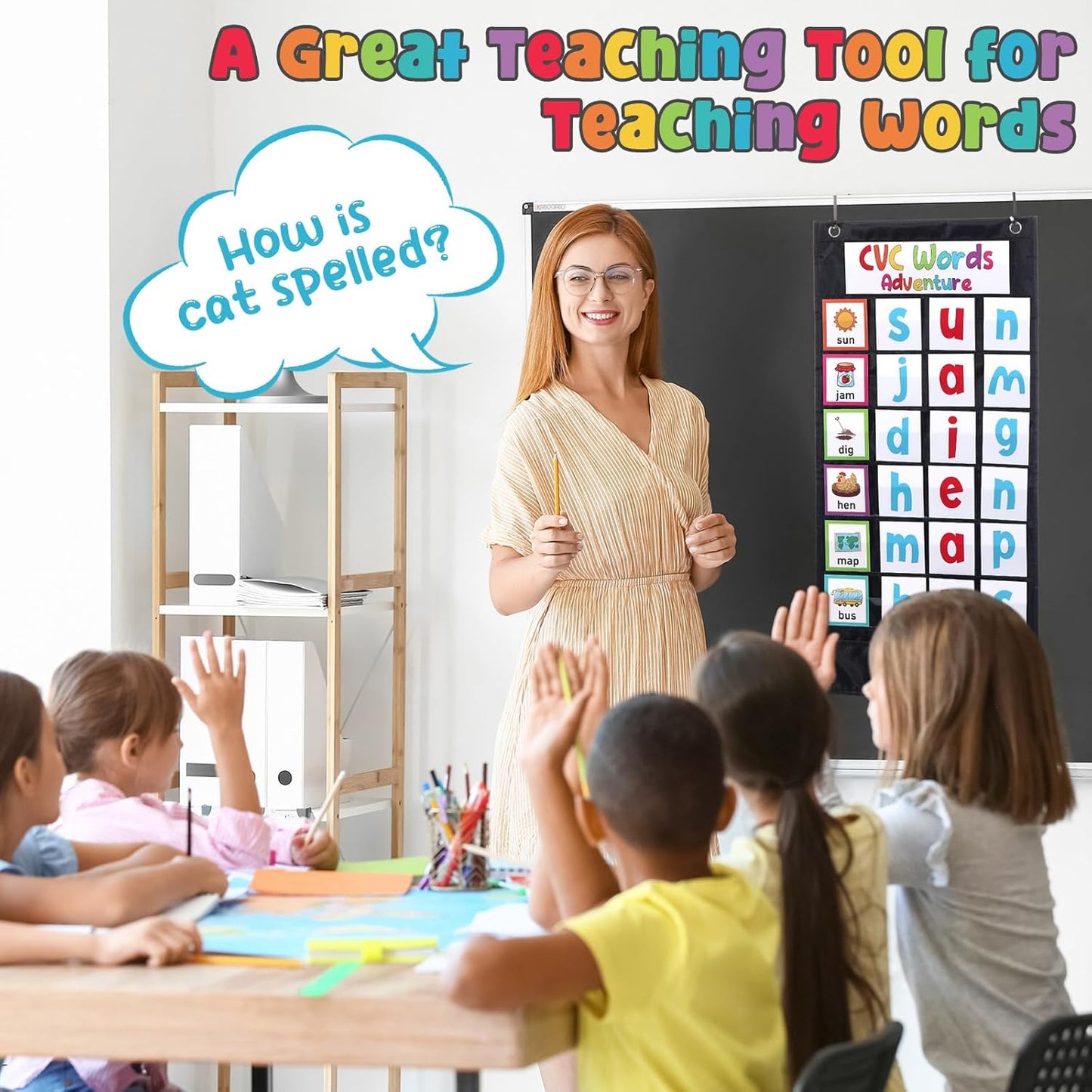 Pasimy CVC Word Pocket Chart with 65 Double-Sided Phonics Flash Cards Classroom CVC Word Literacy Games Preschool Kindergarten Classroom Must Haves for Learning Reading and Spelling(Blue)