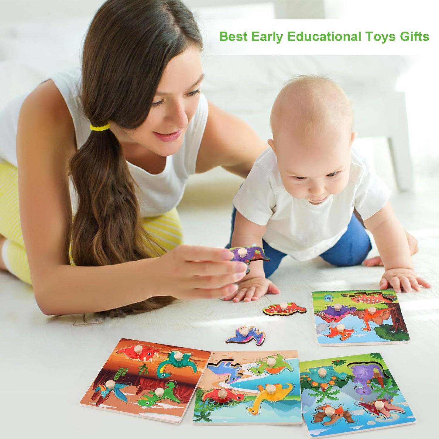 Wooden Peg Puzzles for Toddlers 1-3, Kids' Educational Preschool Peg Puzzle Toy, Set of 4 Toddler Puzzles - Farm, Dinosaur, Fruit and Marine Animals, Ideal Gift for Ages 1 2 3 Boys and Girls
