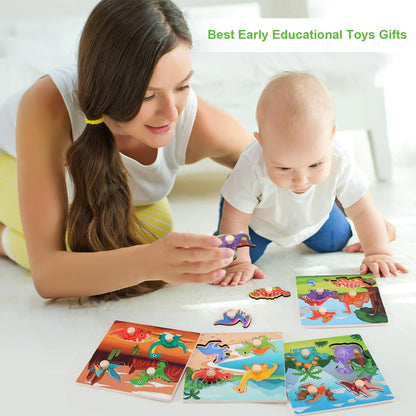 Wooden Peg Puzzles for Toddlers 1-3, Kids' Educational Preschool Peg Puzzle Toy, Set of 4 Toddler Puzzles - Farm, Dinosaur, Fruit and Marine Animals, Ideal Gift for Ages 1 2 3 Boys and Girls