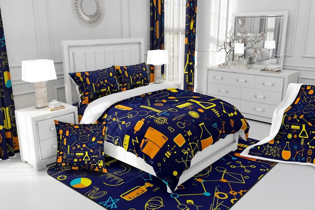 Erosebridal Chemistry Bedding Set Chemical Equation Comforter Cover for Kids Boys,Science Students Duvet Cover Test Tube Microscope Chemical Equipment Bed Set Full,Science Educational Dorm Room Decor