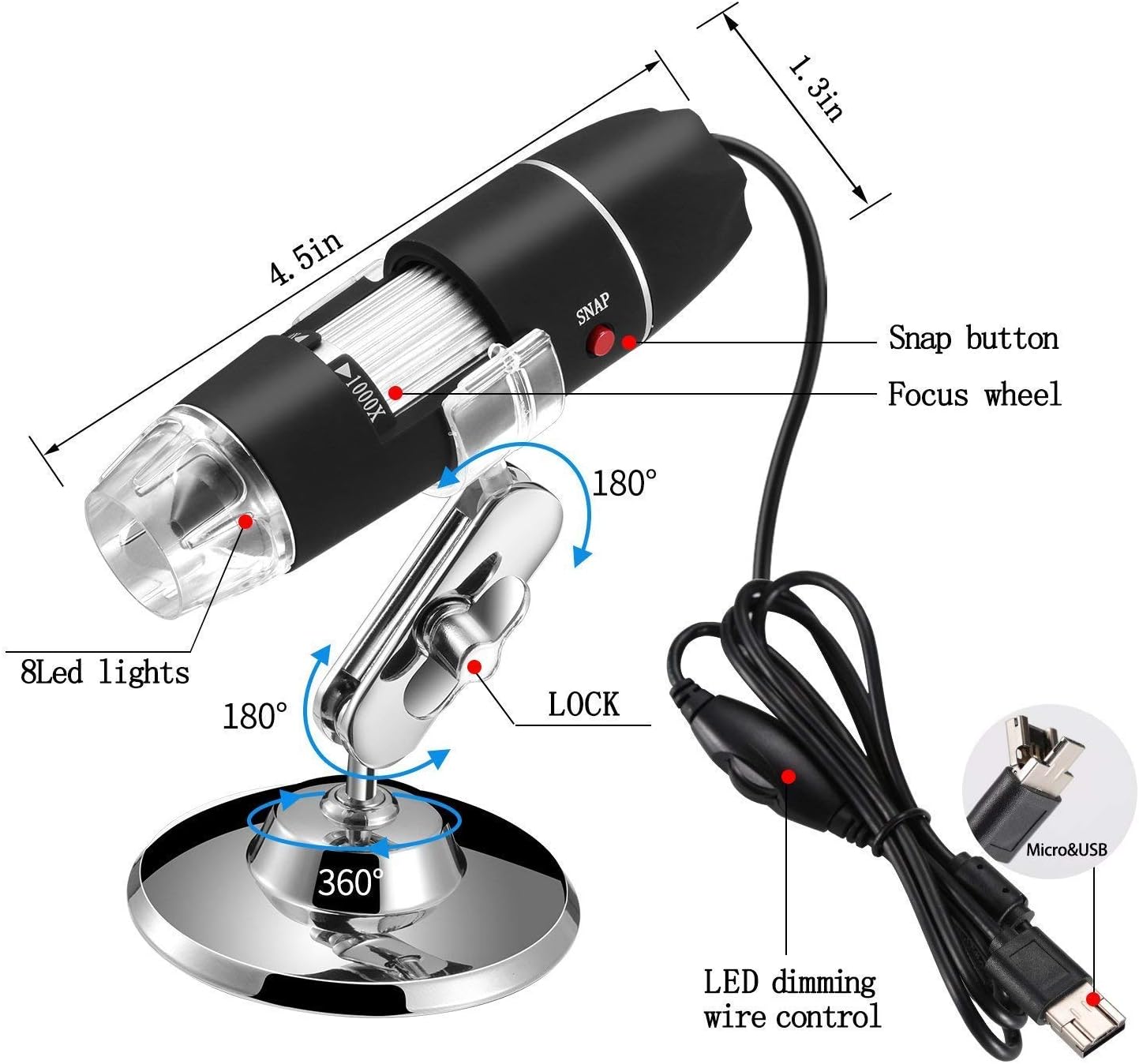 Jiusion 40 to 1000x Magnification Endoscope, 8 LED USB 2.0 Digital Microscope, Mini Camera with OTG Adapter Metal Stand, Compatible with Mac Windows 7 8 10 11 Android Linux Chrome Not for iPhone/iPad