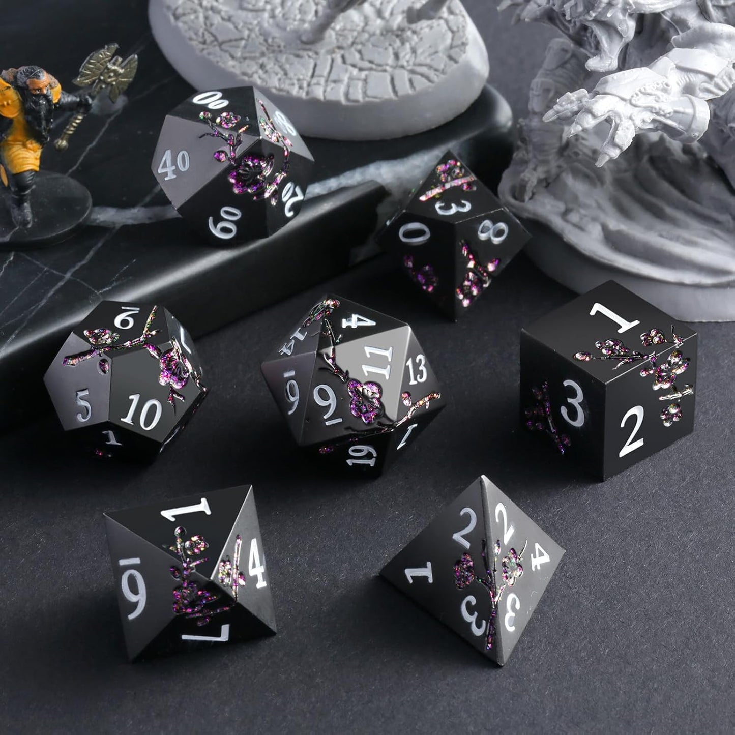 DnDnD Heavy Polyhedral Metal Dice Set with Metal Box, 7-die Shiny Blue Surface with Golden Number for RPG,Dungeons and Dragons,Pathfinder,Shadowrun,D&D,Role Palying Game and Math Teaching - Colors A