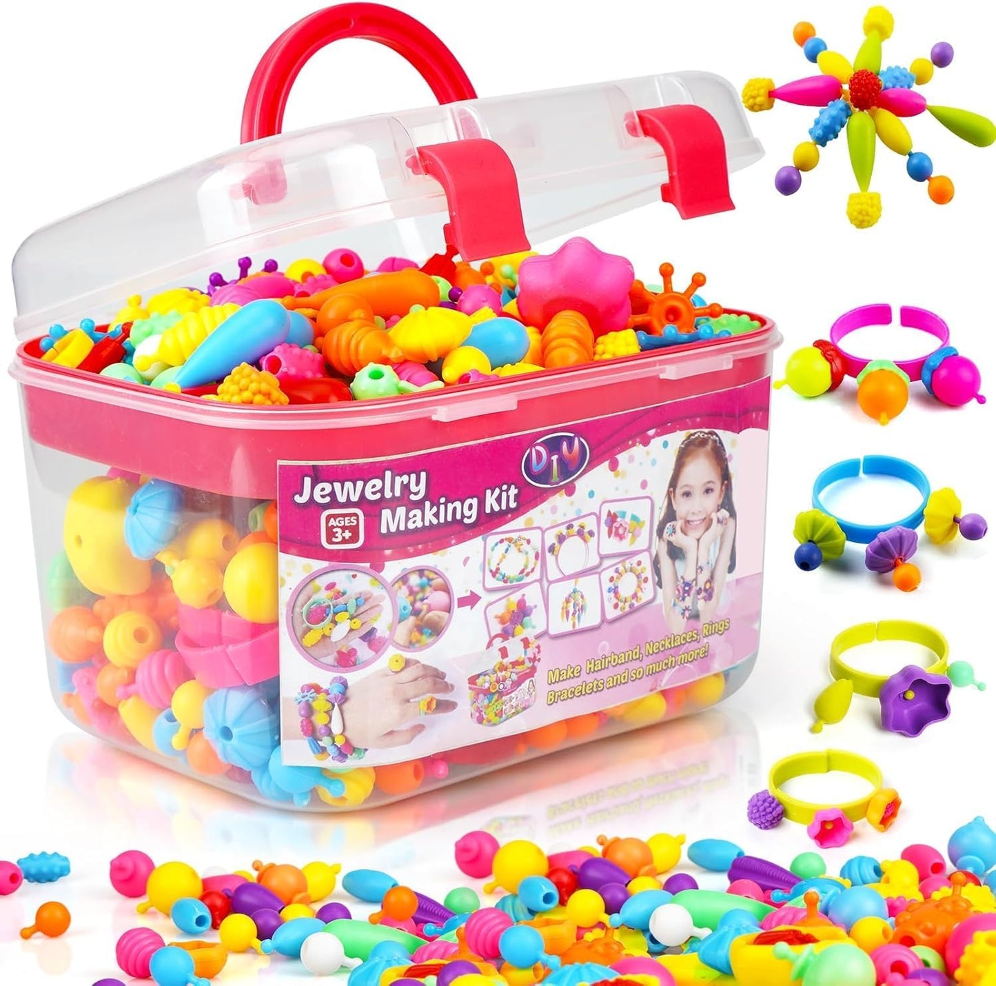 FUNZBO 650pcs Pop Beads - Jewelry Making Kit for 3 4 5 6 7 8 Year Old Little Girls, Arts and Crafts Toys for Kids, Necklace Bracelet Creativity Snap Set Birthday Gifts