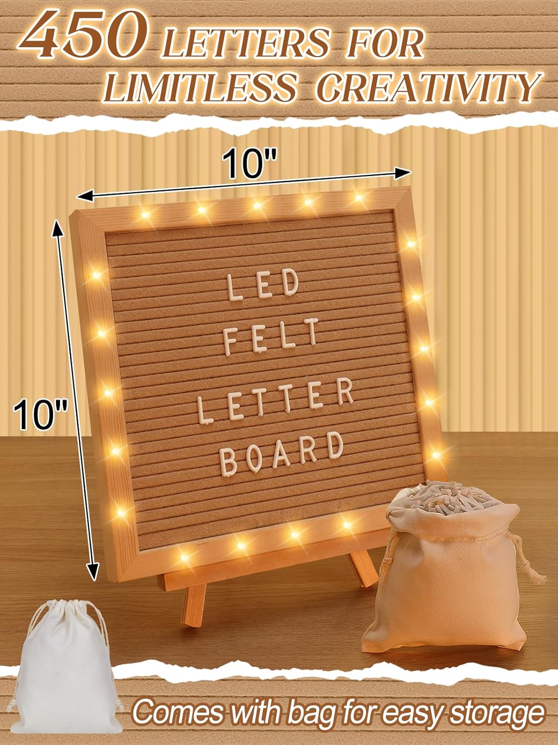 Changeable Felt Letter Board with LED Lights - 10×10" Message Custom Signs & Wood Stand & 450 Letters, Poster Board for Baby/Pregnancy Announcement/Classroom Wall Graduation Decor Gifts, Camel