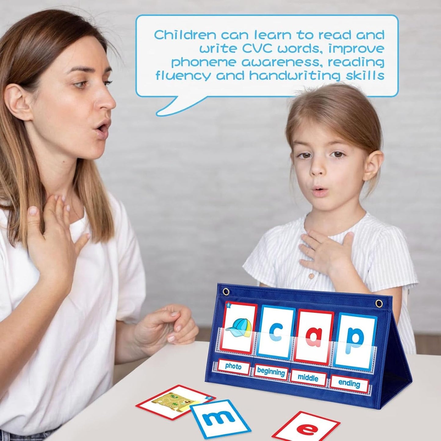 Alomejor CVC Words Phonics Pocket Chart, Foldable Desktop Kit with 38 Double Sided Cards for Preschool Kindergarten Literacy Practice