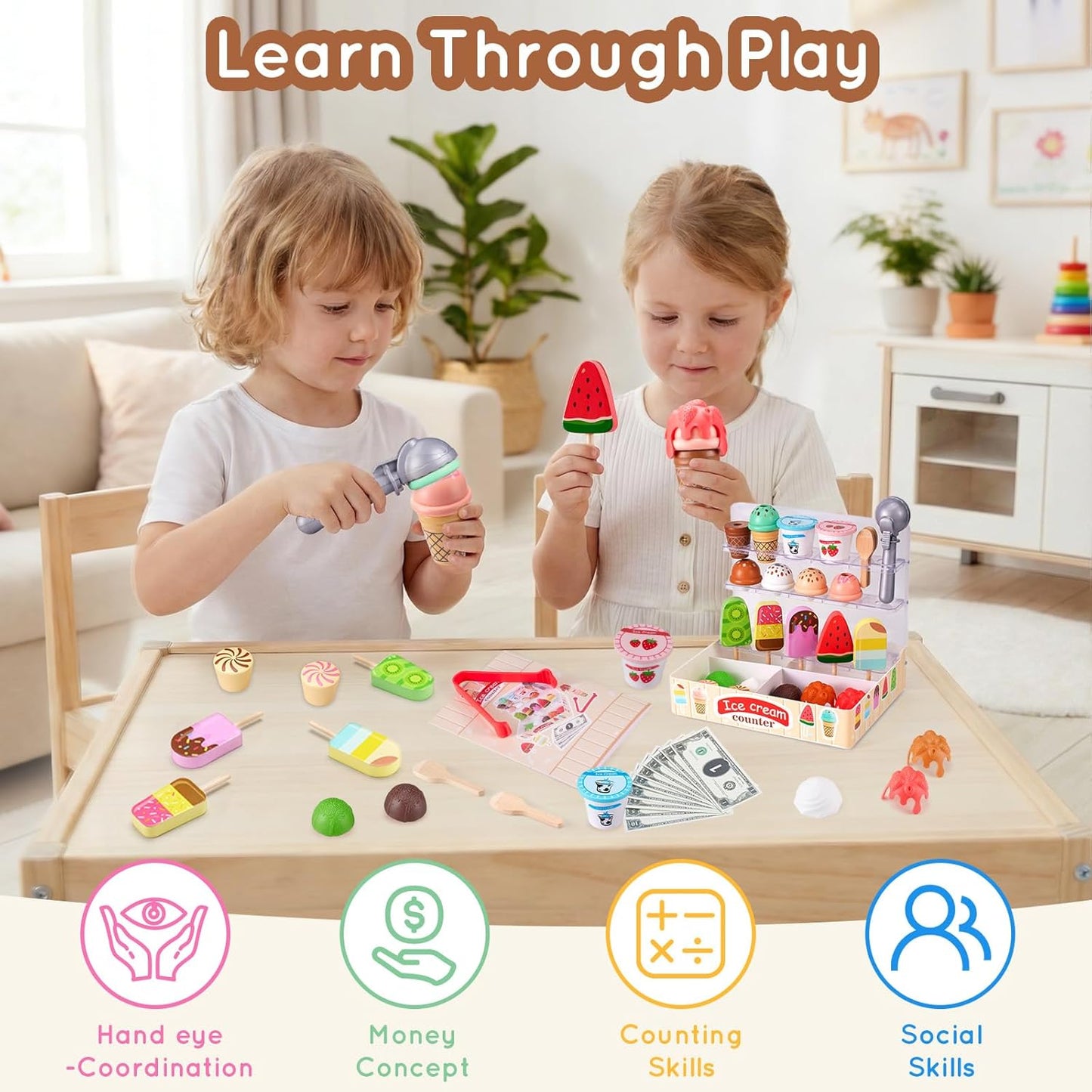 Ehome Wooden Ice Cream Toys Set Pretend Play Food Store for Kids Serve Ice Cream Counter Shop Kitchen Playset with Lucky Wheel, Scoop, Menu, Fake Money for Boys and Girls Ages 3 4 5 6 Birthday Gift