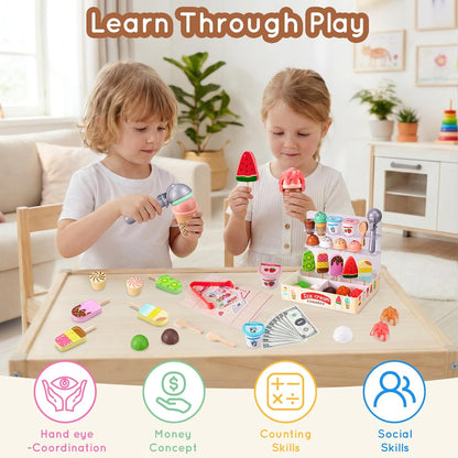 Ehome Wooden Ice Cream Toys Set Pretend Play Food Store for Kids Serve Ice Cream Counter Shop Kitchen Playset with Lucky Wheel, Scoop, Menu, Fake Money for Boys and Girls Ages 3 4 5 6 Birthday Gift