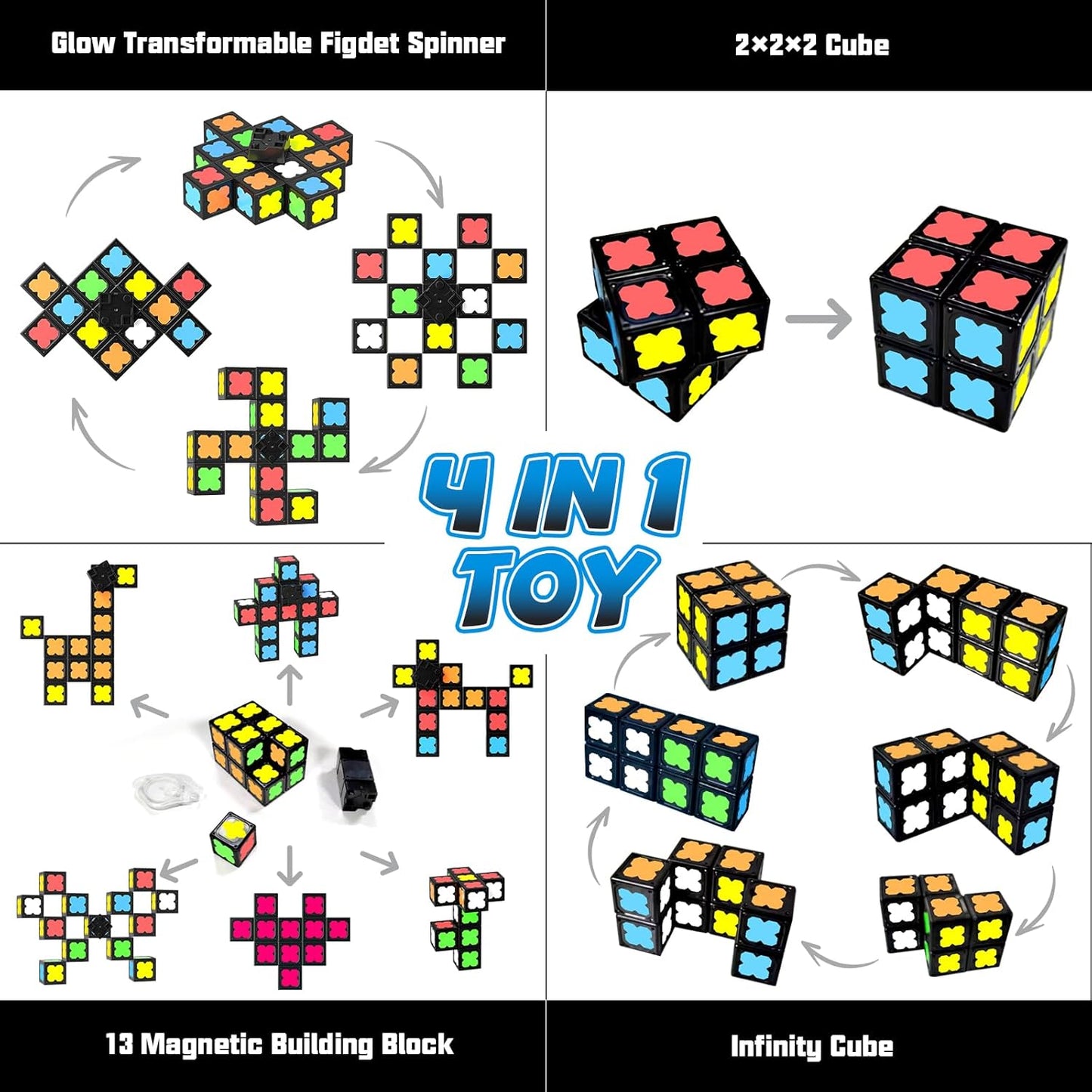 Magnetic Fidget Spinner Mini-38 Blocks, Glow Magnet Cube & Transformable Fidget Spinner & Infinity Cube & 3x3x3 Cube-4 in 1 Toy, STEM Building Tiles Stress Relief Sensory Gift for Kid Boy Girl Adult