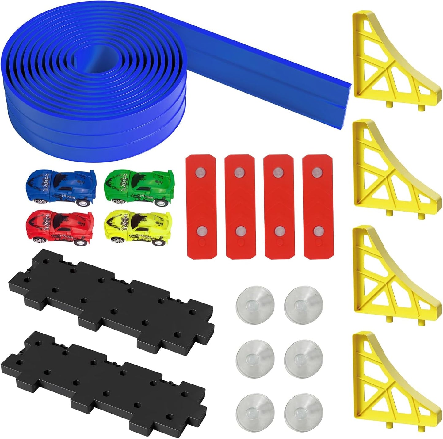 16.5ft Build Anywhere Portable Race Track with Suction Cups - Flexible Roll-Up Design Fits 1/64 Scale Cars, Portable Toy Gift for Kids 4+ Year Old (3 Tracks/Red)