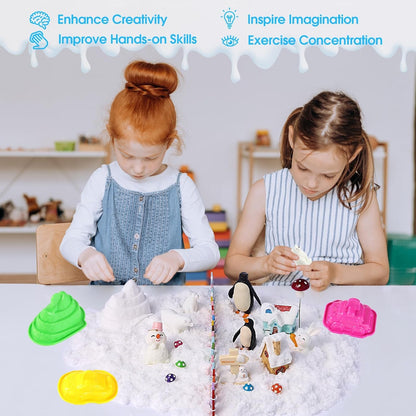 FIIOEOY Snow Sensory Bin, Play Sand Art Kit for Kids with Sensory Sand, Arctic Animal Figures, Winter Wonderland Sensory Snow Toy Birthday Gift for Toddler Ages 3 4 5 6 7 8