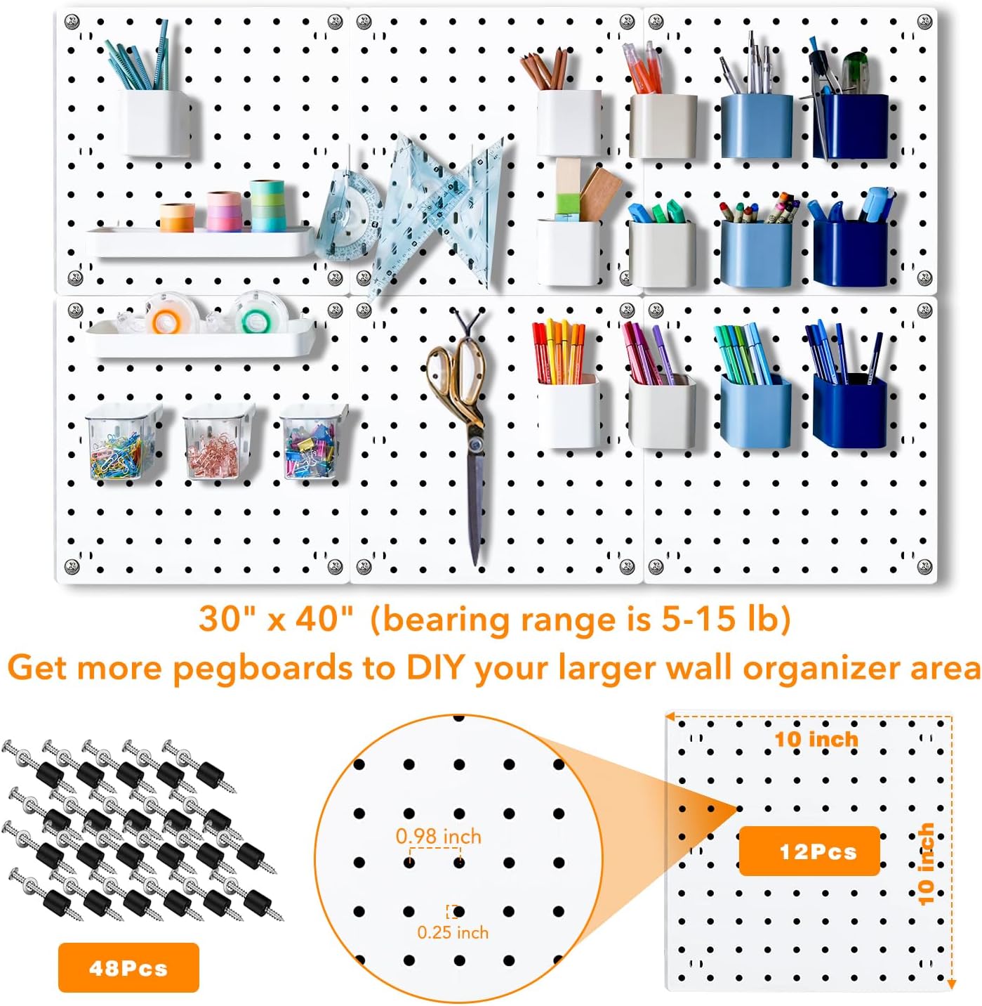 6Pcs Pegboard, Peg Board, Pegboard Wall Organizer, Mount Display Pegboard Kits fit Pegboard Storage, Small Pegboard for Craft Room Garage Kitchen, Peg Boards for Walls - White Pegboards Panels