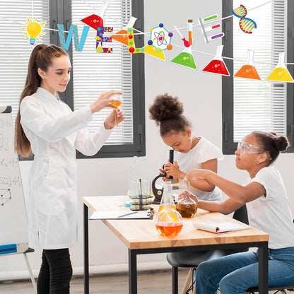 Whaline 5Pcs Science Banners Back to School We Love Science Garland Hanging Ornaments Scientific Chemistry Lab Party Decoration Set for School Classroom Home Scientist Birthday Party Decor Supplies