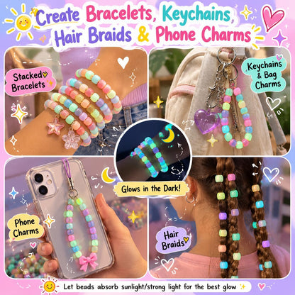 SJZWSD 5 Boxes Bracelet Making Kit Pony Beads, 6x9mm Kandi Rave Beads & Hair Beads Set with UV Color Changing, Glow-in-Dark, Chrome & Alphabet Letters for Friendship Jewelry DIY Crafts