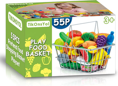 55 Pcs Grocery Store Pretend Play Food Set with Shopping Basket for Kids Toddlers 1-3 4-8, Kids Play Kitchen Accessories Plastic Fake Food Fruits and Vegetables Can Toy Gifts for Boys Girls