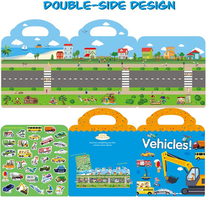 RUSON Reusable Sticker Book for Kids, 2 Sets Educational Learning Toys Travel Stickers Activity Books for Toddler Girls Boys Age 3+ Birthday Gifts - Vehicle & Dinosaur
