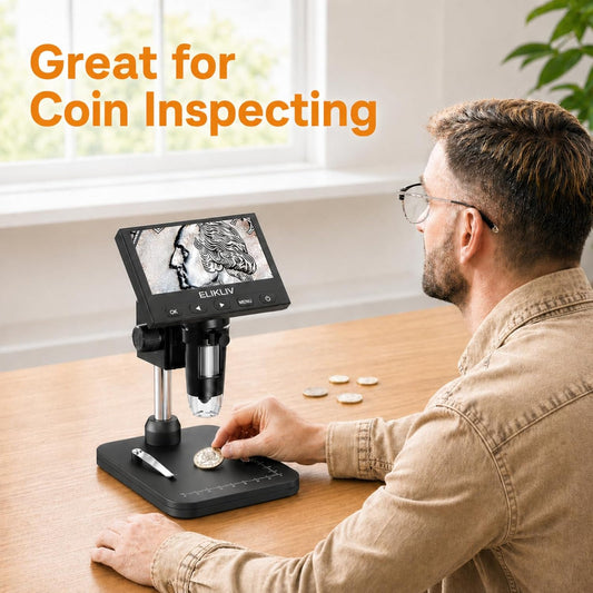 Elikliv Microscope, LCD Digital Coin Microscope 1000x, Coin Magnifier with 8 Adjustable LED Lights, PC View Compatible with Windows/MacBook, EDM4, 4.3-Inch