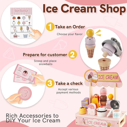 HERSITY Wooden Ice Cream Counter Pretend Play Food for Toddlers 3-5, Ice Cream Shop Stand Popsicle Toy Set Gifts for 3+ 4 5 6 Year Old Girls Boys, Pink