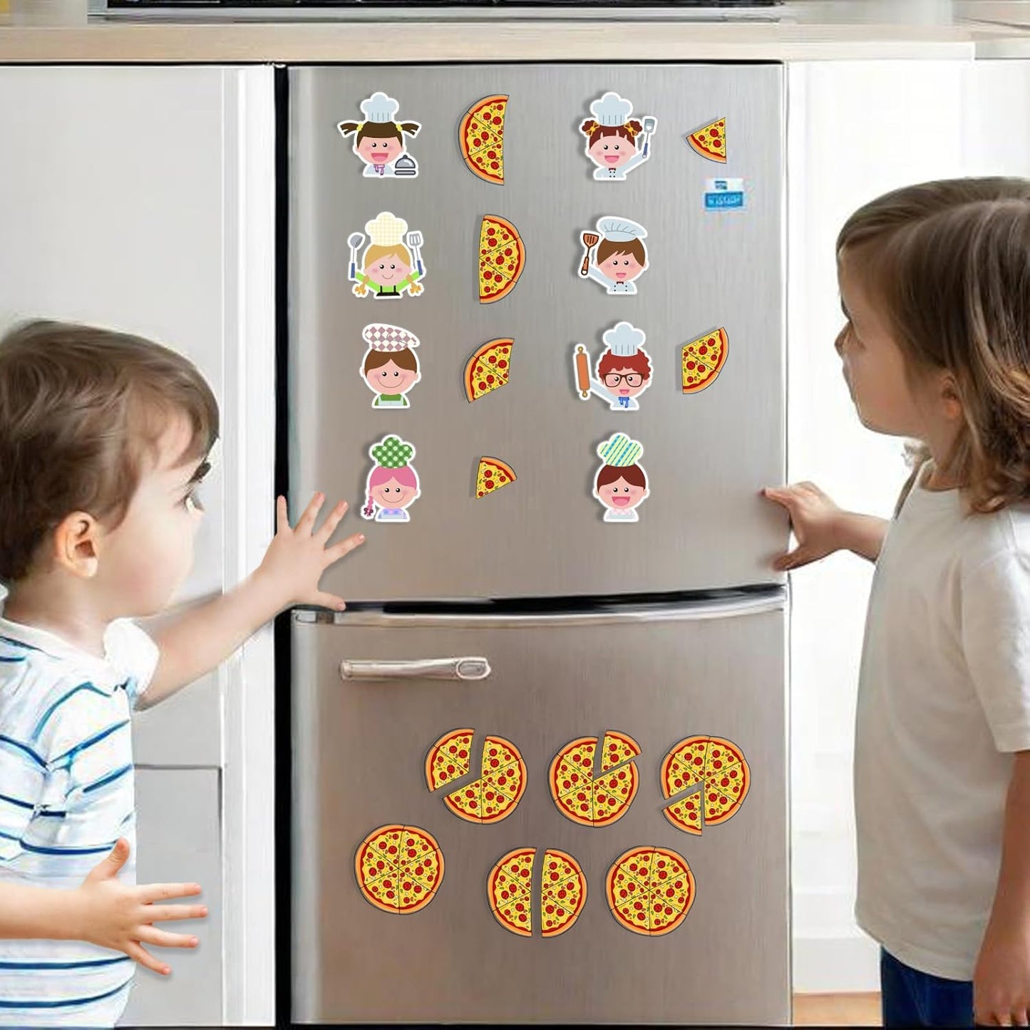 Magnetic Pizza 48 Pcs Pizza and 8 Pcs Chef Magnetic Fractions Group Game Refrigerator Whiteboard Magnet Math Games Interactive Learning Toys
