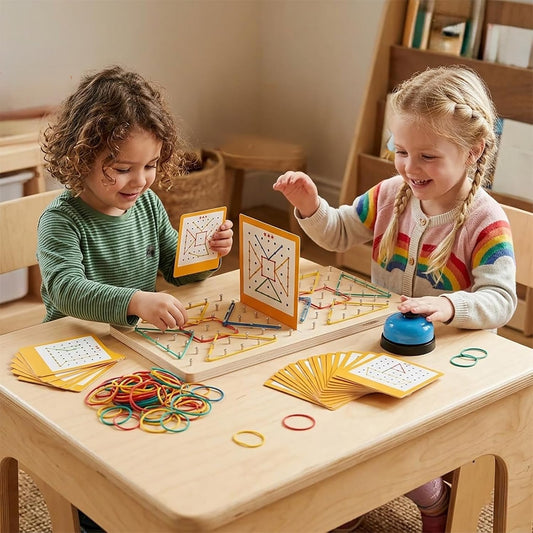 Wooden Geoboard Montessori Toy - Graphical Math Learning Tool for Preschoolers 3-5 Years Old, Comes with Pattern Cards and Rubber Bands to Build Shapes and Figures, Kids Educational Toys