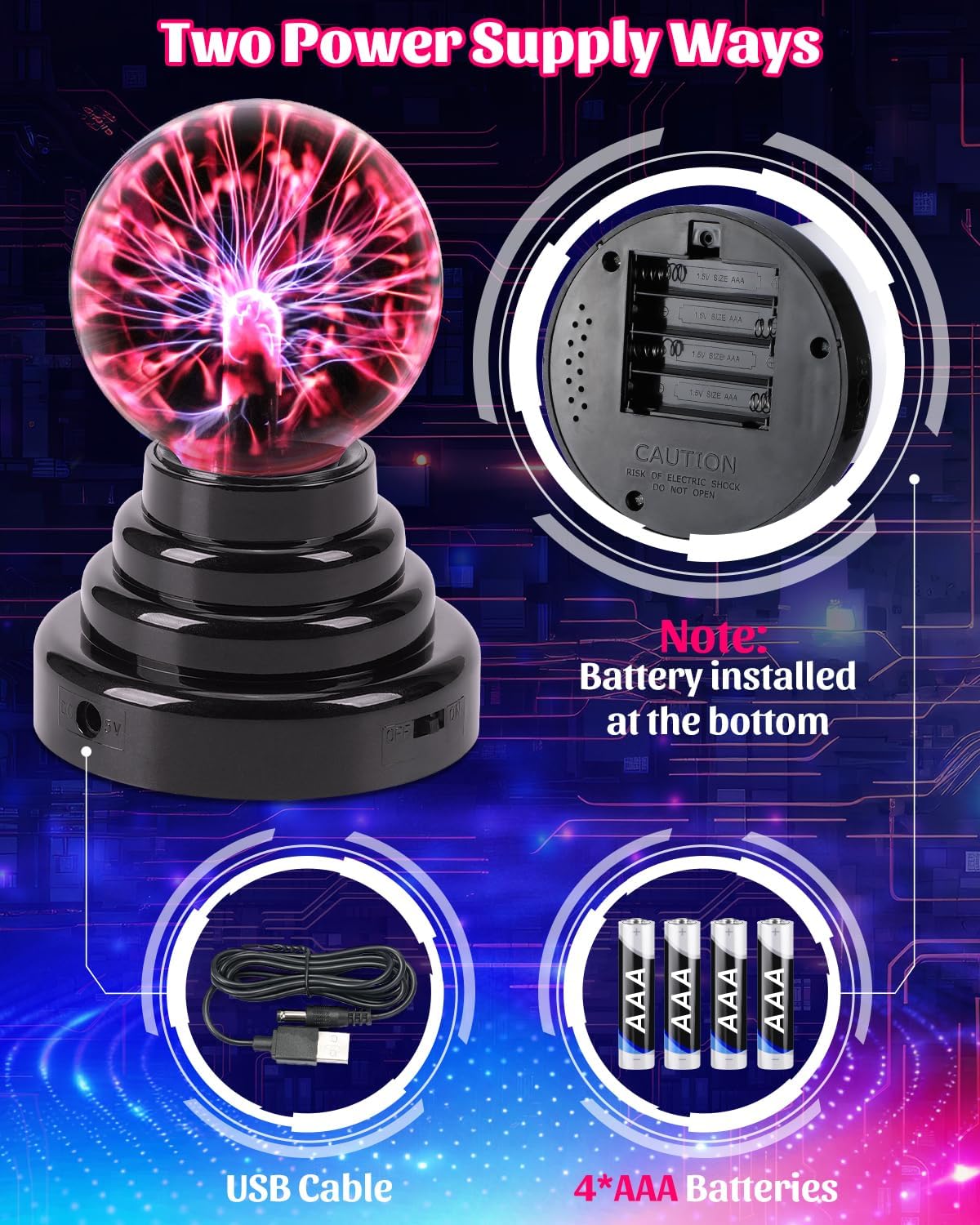 Theefun Plasma Ball, 3 Inch Plasma Lamp, Touch Sensitive Plasma Globe USB or Battery Powered Nebula Thunder Lightning, Novelty Toy for Kids, Parties, Prop, Bedroom, Home, Decoration